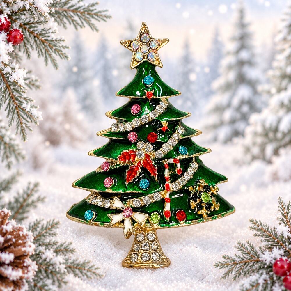 Christmas Tree Brooch Green Enamel Rhinestone Gold Tone Holiday Jewelry CP267